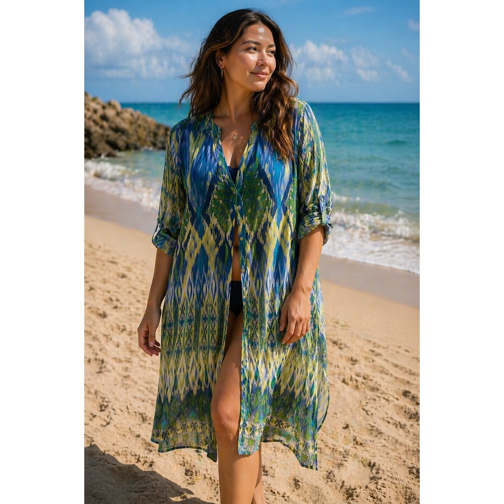 Chicos Coverup/Top Button Front Sheer Roll Tab Sleeve Size 2 L